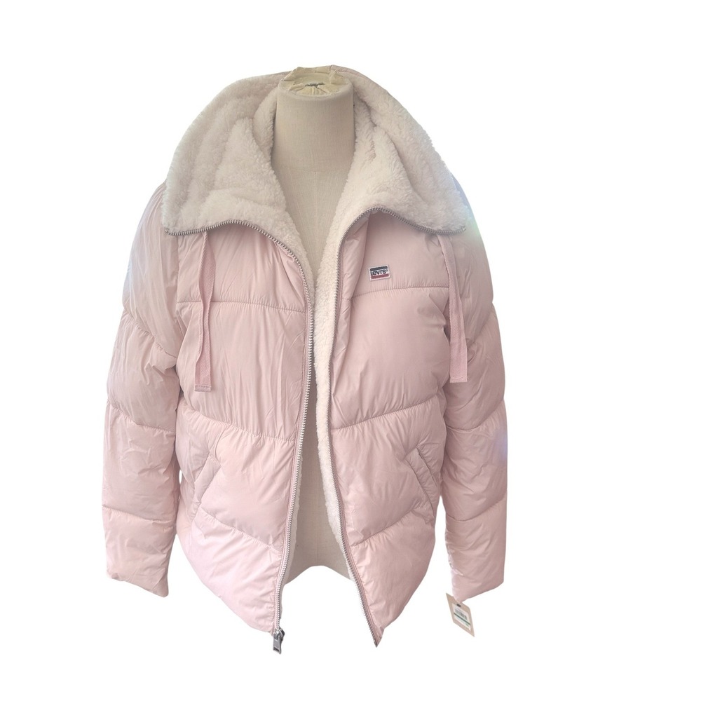 Levis Womens Pink Sherpa Lined‎ Hooded Puffer Jacket Coat LW0RN479 Size L NEW